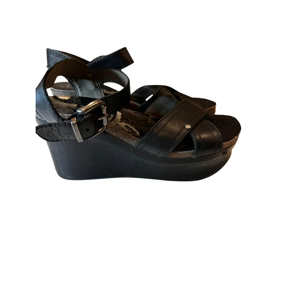 OTBT Bee Cave Black Leather Platform Wedge Sandals Women 7.5M 17F766